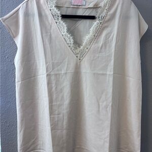 Cream Lace-Trim V-Neck Shell Top